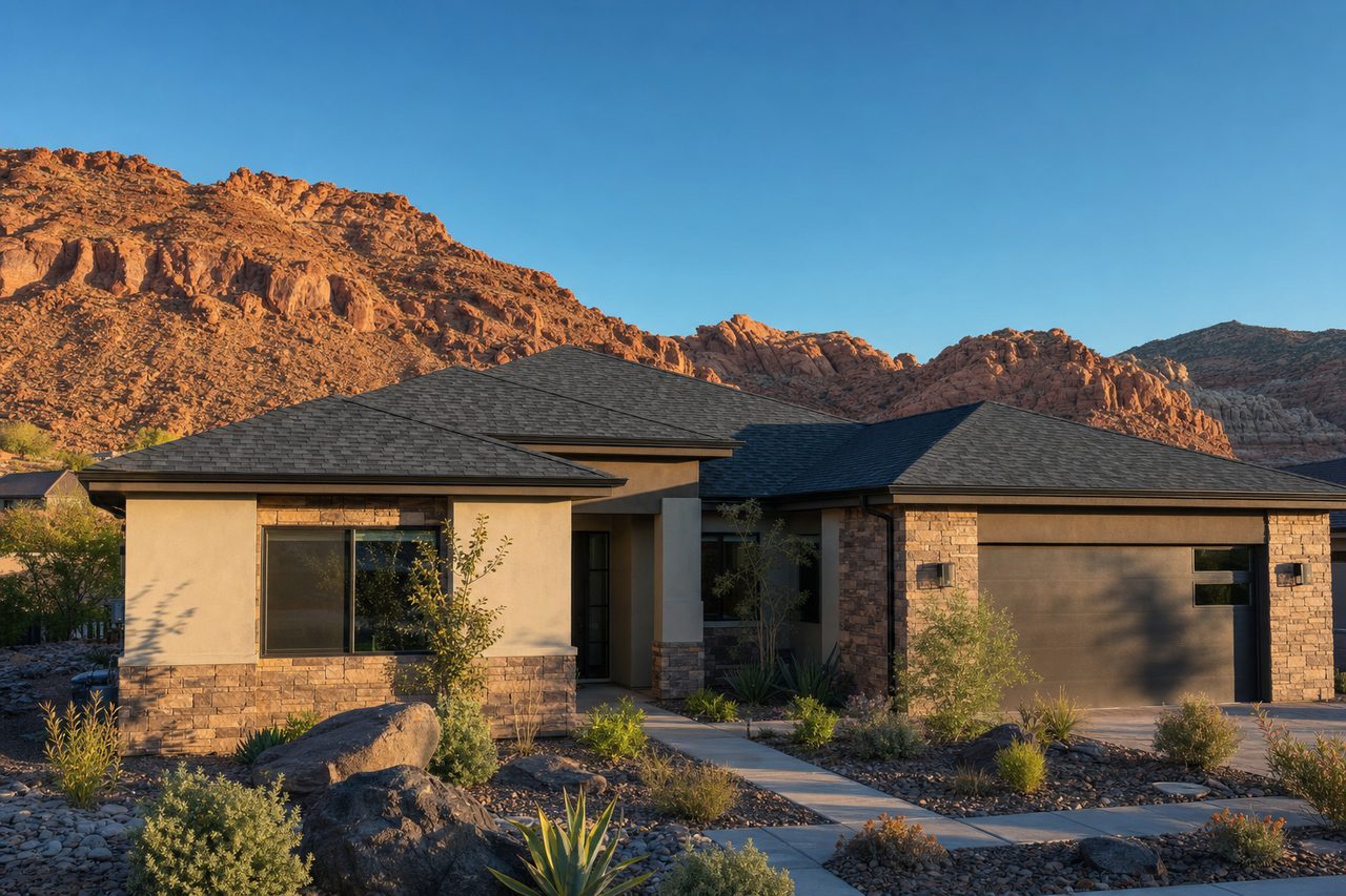 Single-story St. George, Utah home with a new charcoal shingle roof against red sandstone cliffs