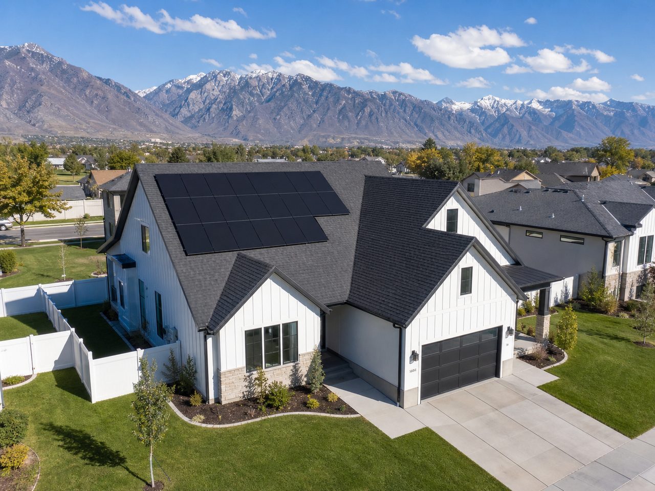 Modern Utah home with a clean shingle roof and solar panels, mountain backdrop